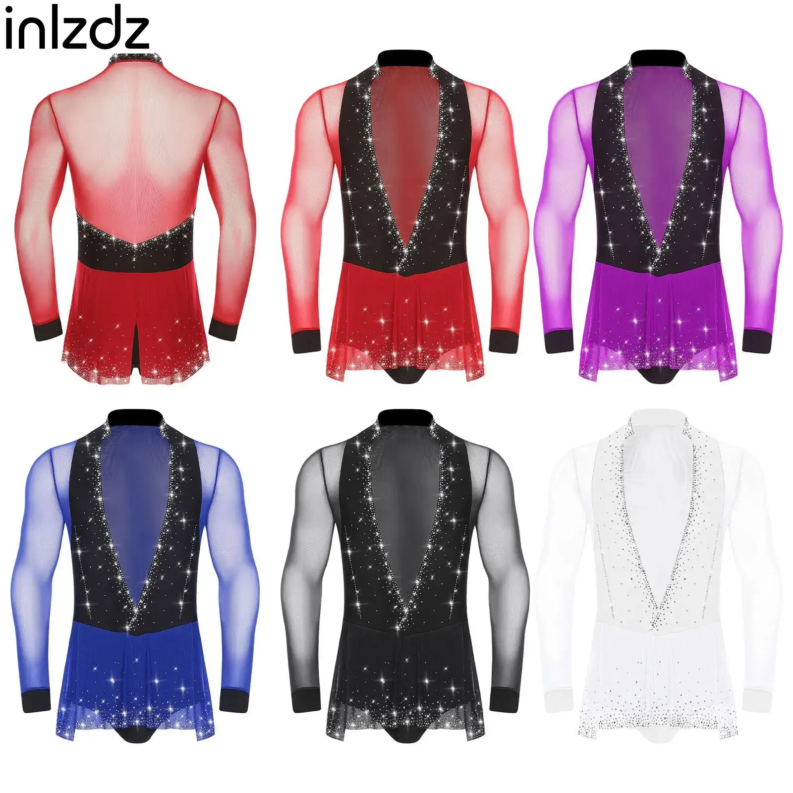

New Men Long Sleeve Ballet Latin Dance Costumes Ballroom Salsa Samba Dancewear Sexy Deep V-neck Rhinestones Mesh Peplum Bodysuit