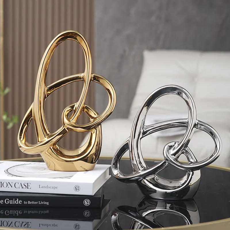 Ceramic Crafts Abstract Geometric Openwork Line Sculpture Gold Hoops Wrapped Decorative Figurines Room Decoration Accessories