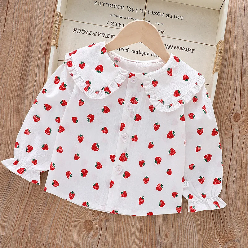 Girls' Strawberry Print Blouse, Ruffle Peter Pan Collar Cotton Shirt for Spring and Autumn
