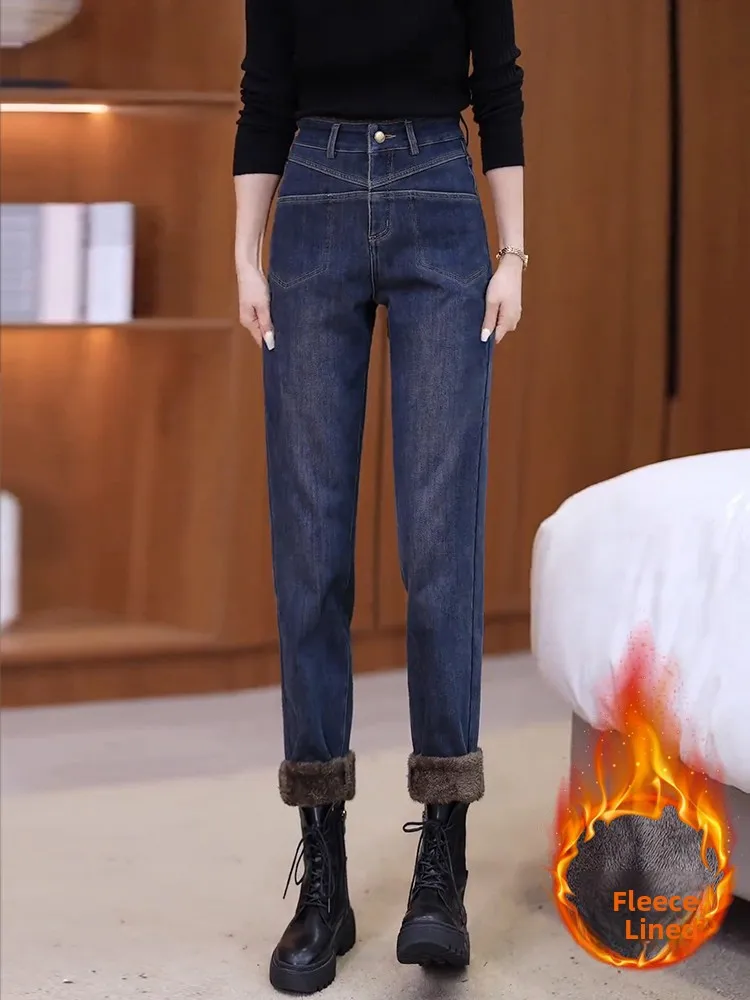 

Женские джинсы с высокой талией, утепленные флисом, облегающие, в стиле «папины джинсы», повседневные, из эластичного хлопкового денима, осенне-зимняя новинка