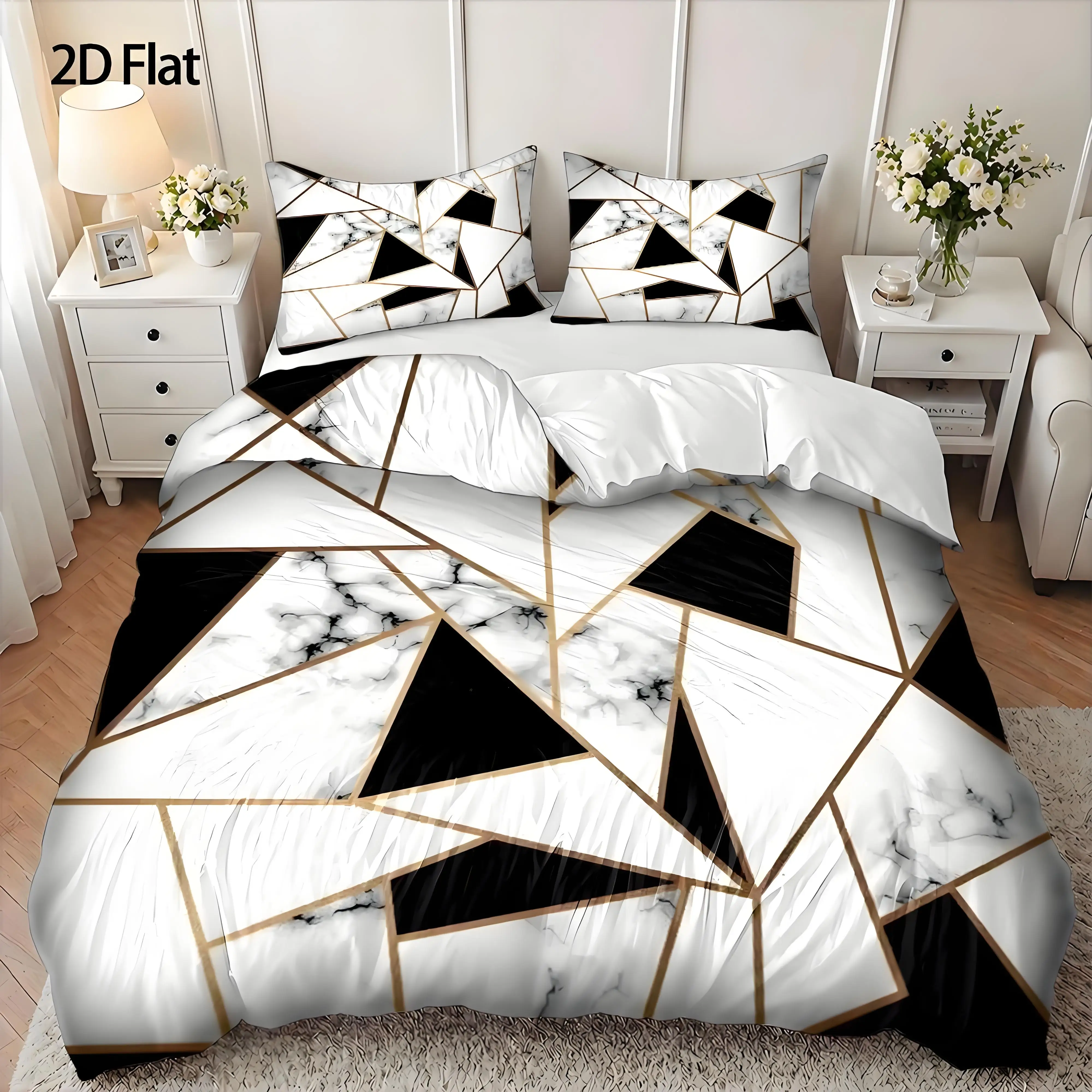 Ins-Style Marble Gold-Stamped Geometric Bedding Three-Piece Set, Light Luxury Style Decorative Duvet Cover Set for Guesthouses and Hotels, Duvet Cover Set Multi Size Quilt Cover Queen Size Bedroom Bedding Decoration Machine Washable