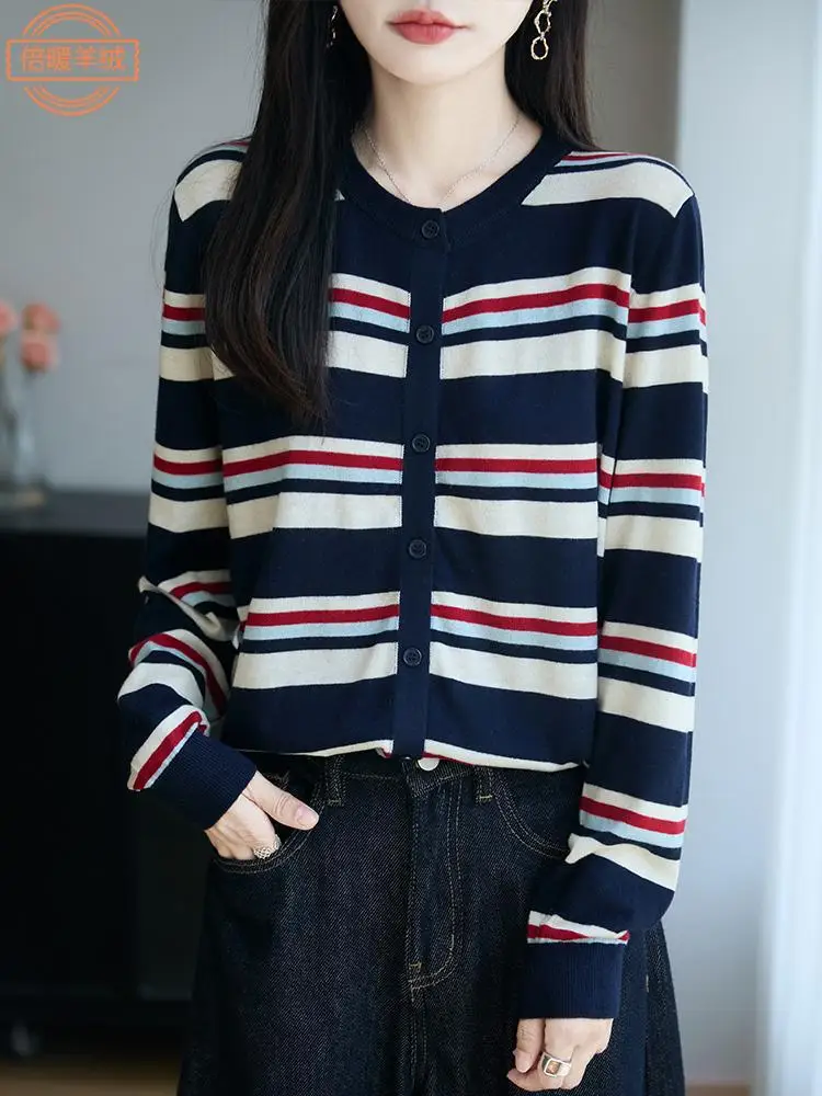 

Summer 2025 new women's O-neck long-sleeved pullover loose fashion striped knit top women's dress