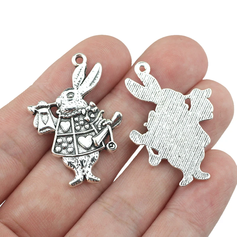 High Quality 20 Pieces/Lot 25mm*36mm Antique Silver Plated Trumpeting Rabbit Alice In Wonderland Charms