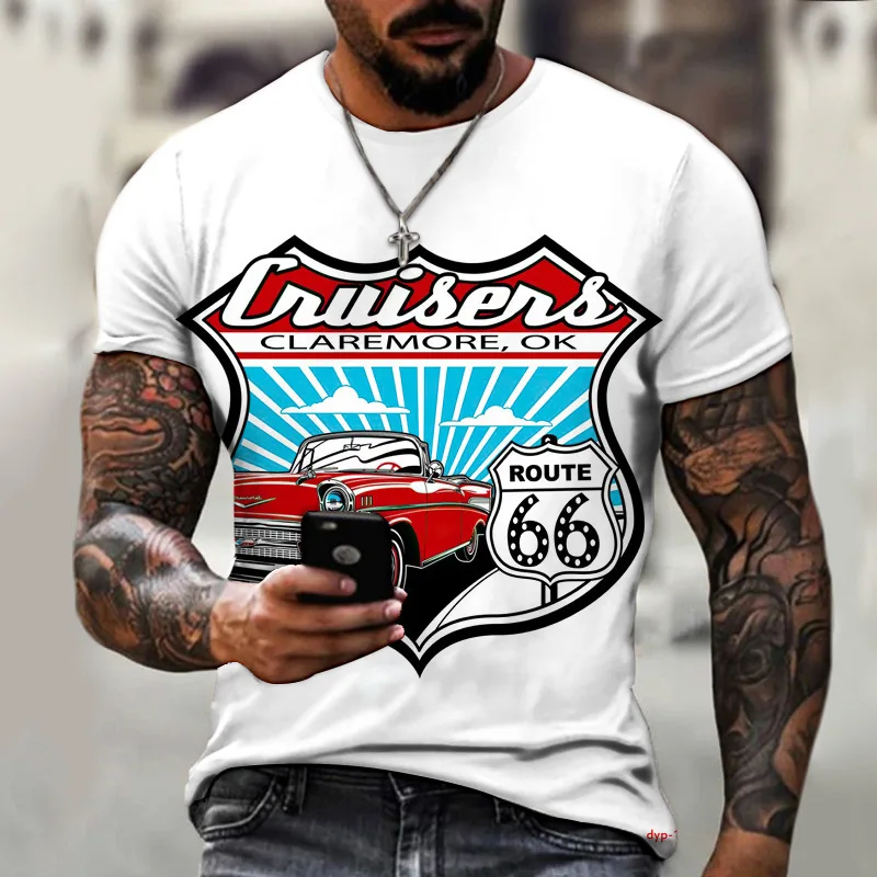 تي شيرت مطبوع ثلاثي الأبعاد للرجال والأولاد من Route 66: طباعة ثلاثية الأبعاد قابلة للتمدد قليلاً وياقة دائرية وأكمام قصيرة لصيف 2025-2026 في الهواء الطلق