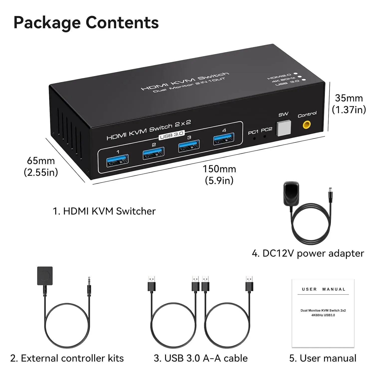 HDMI Dual Monitor KVM Switch, 2 Portas, 4K60Hz, Switcher para 2 Computadores, 2 Monitores com 4 Portas USB 3.0, Suporte Cópia e Extensão