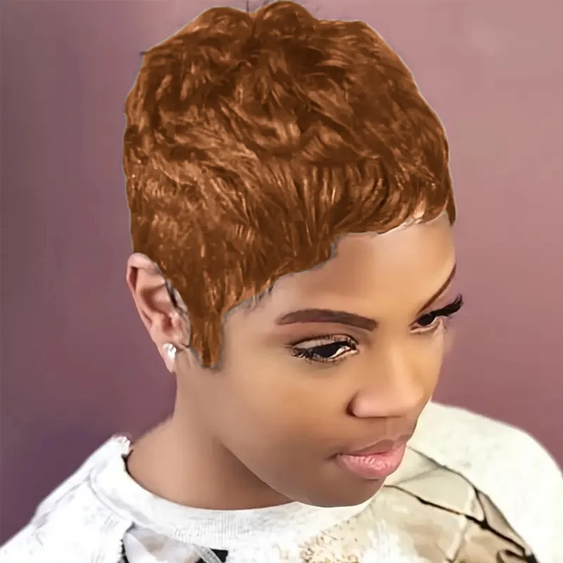 짧은 브라질리언 스트레이트 인모 레이어드 풀 머신 메이드 픽시 가발 (앞머리 포함) 여성용