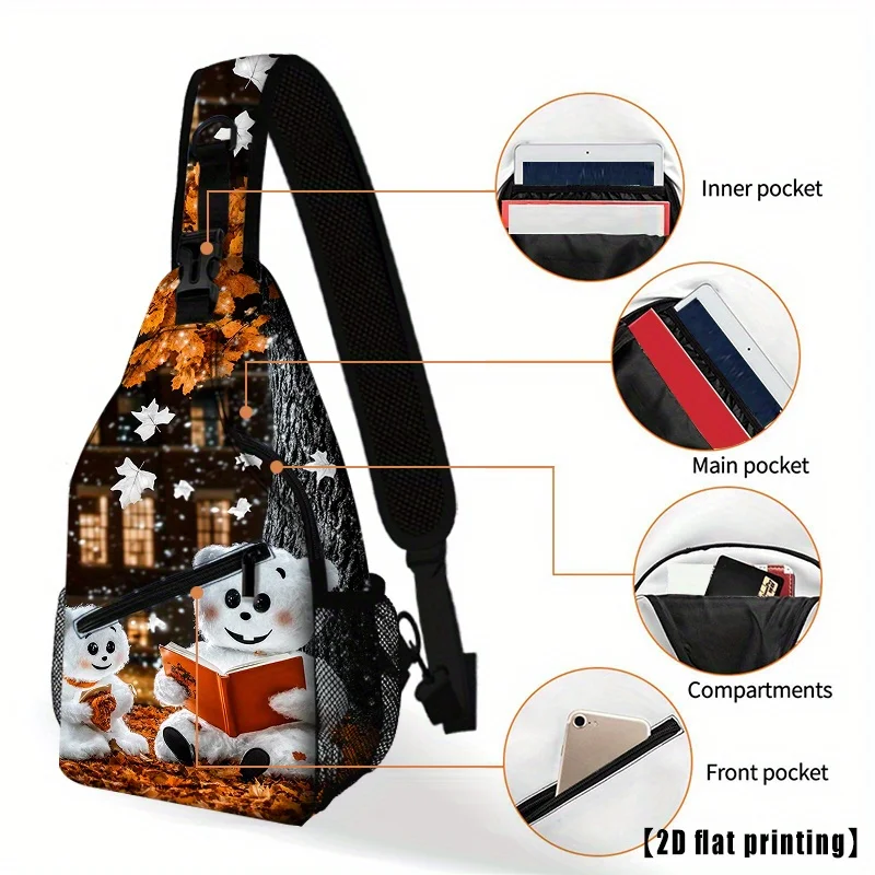 Cute Ghost Halloween Crossbody Bag with Ghosts Reading Book Spooky Winter Large Capacity Chest Backpack, Adjustable Strap