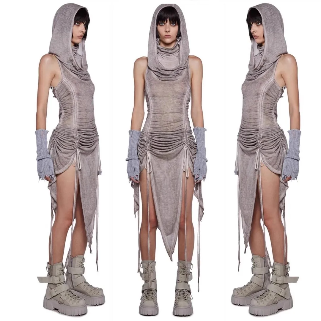 2024  Doomsday waste Wind sleeveless hooded turtleneck dress body chain