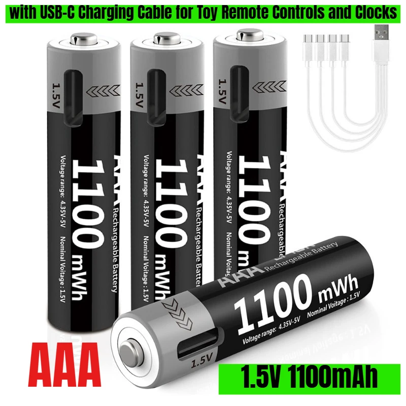 

1.5V 1100mWh Rechargeable AAA Battery with USB-C Charging Cable for Toy Remote Controls and Clocks