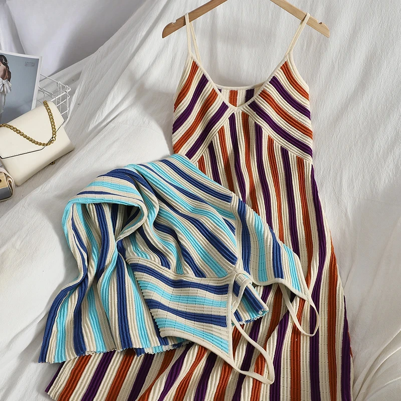 

Knitted V Neck Striped Summer Dresses 2024 Sexy Korean Sleeveless Vestidos De Mujer Vintage Panelled Robes Femme