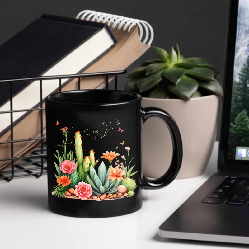 Ceramic Cup Black Cactus and Flowers Garden Design Coffee Tea Breakfast Office Home