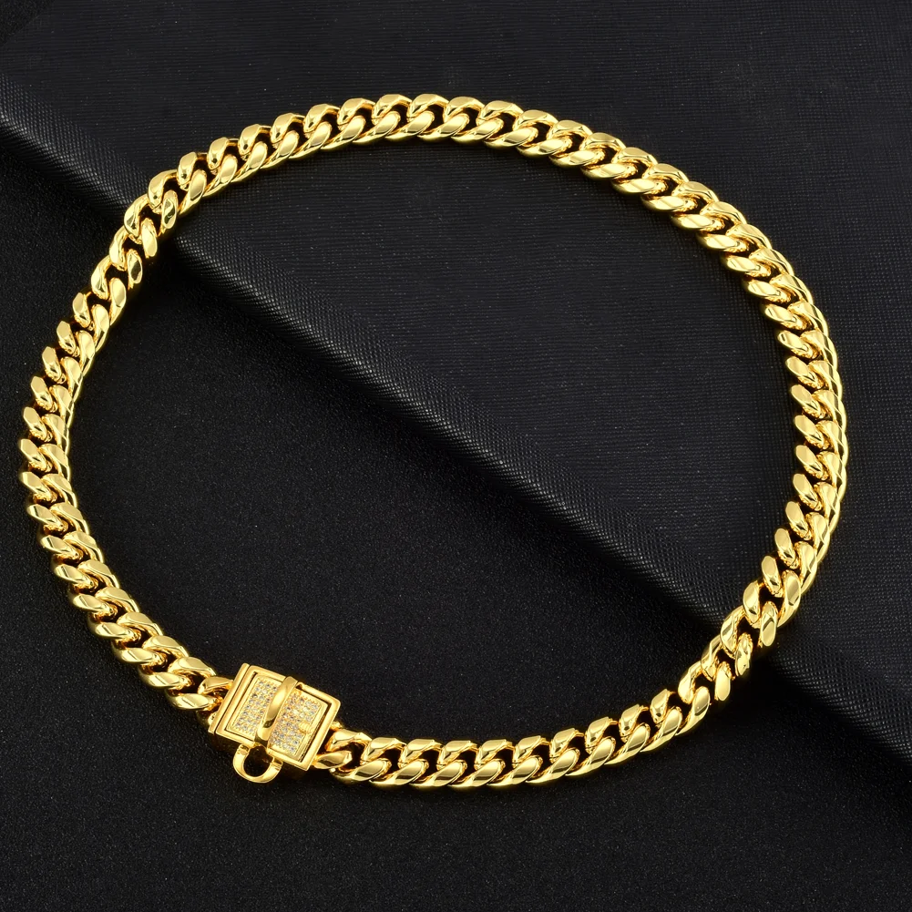 Gold Chain Metal Dog Collar 10mm Wide Cuban Necklace Stainless Steel  Cute Pet Puppy Link Walking Training Collar for Small Dogs