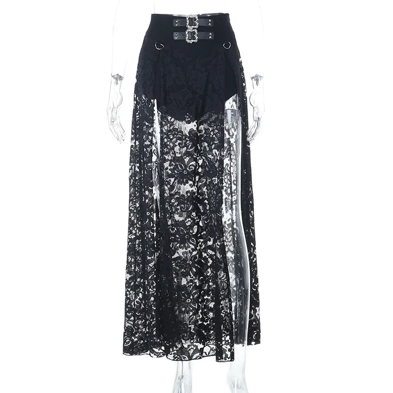 Gothiczne, ciemne spódnice z lat 90., z rozcięciem na boku, proste, cyberpunkowe Y2K, koronkowe, prześwitujące, patchworkowe, spódnice w stylu mall goth punk dla kobiet, stroje do cosplayu.