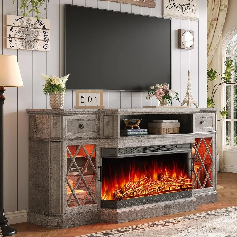 Fireplace TV Stand, Suitable for TVs Under 80 Inches and 70 Inches, LED Lights Entertainment Center, with 36 Inch Fireplace Gray