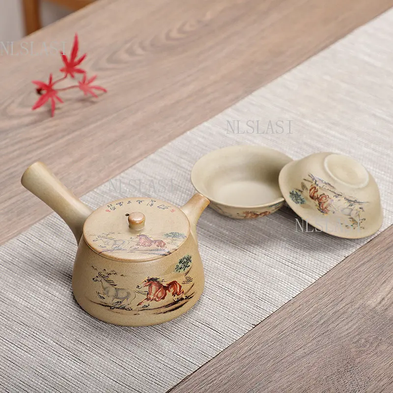 1 Pot and 2 Cups Chinese Style Coarse Pottery Side-handled Teapot with Horse Design Retro Kung Fu Tea Set for Tea Lovers