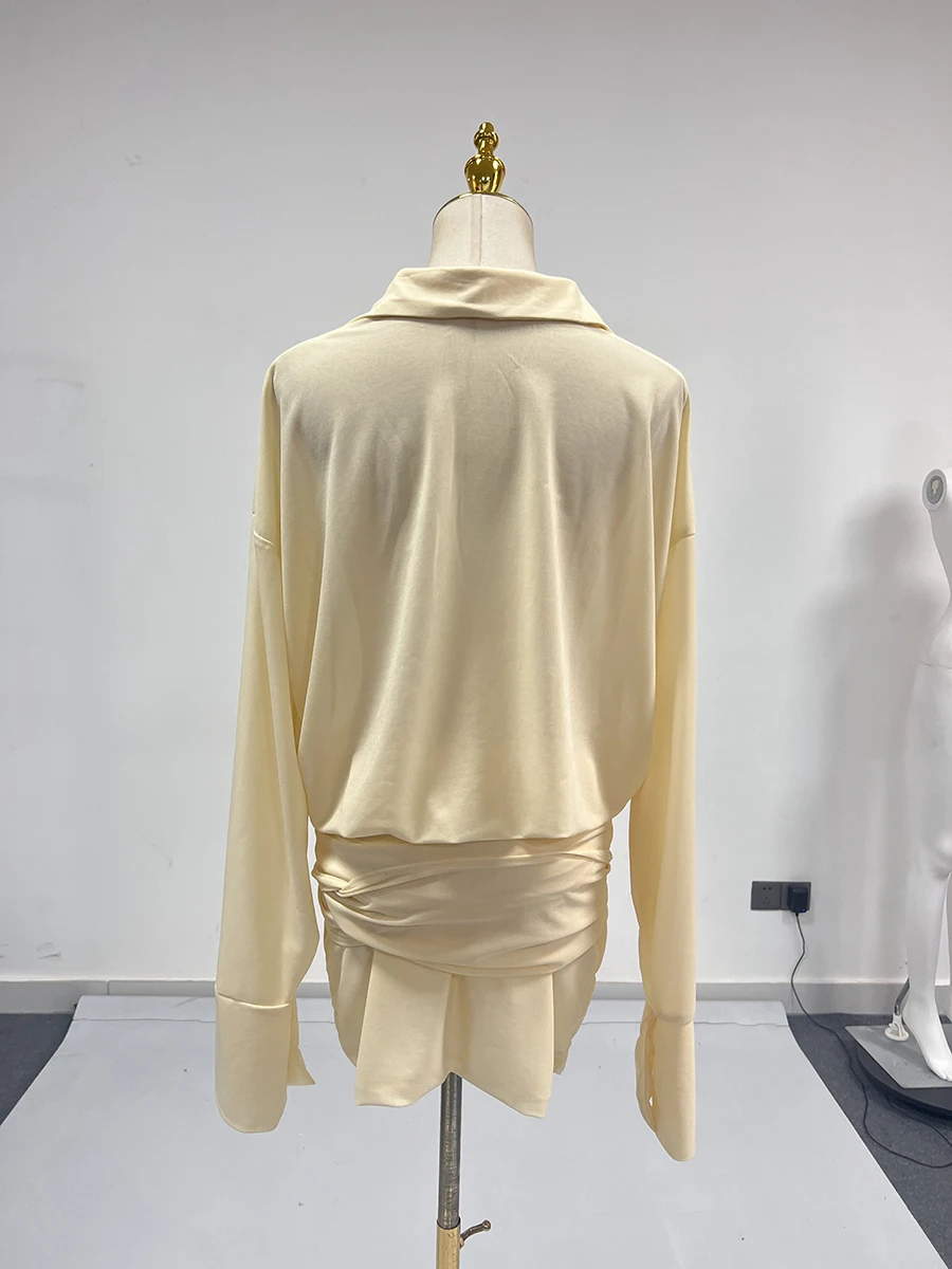 TWOTWINSTYLE Solid Loose Spliced Single Breasted Dresses for Women Lapel Long Sleeves Patchwork Sheer Dress Female Clothing New