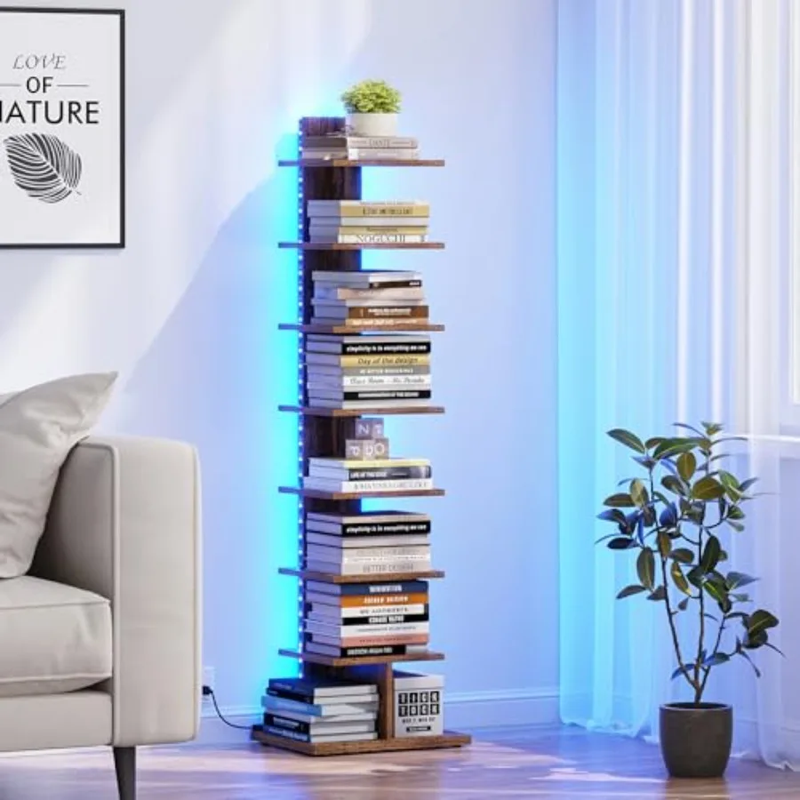 

Узкий книжный шкаф с LED-подсветкой, стеллаж для книг с подсветкой, угловой напольный стеллаж для небольших помещений, для гостиной, офиса, кабинета, прихожей BS