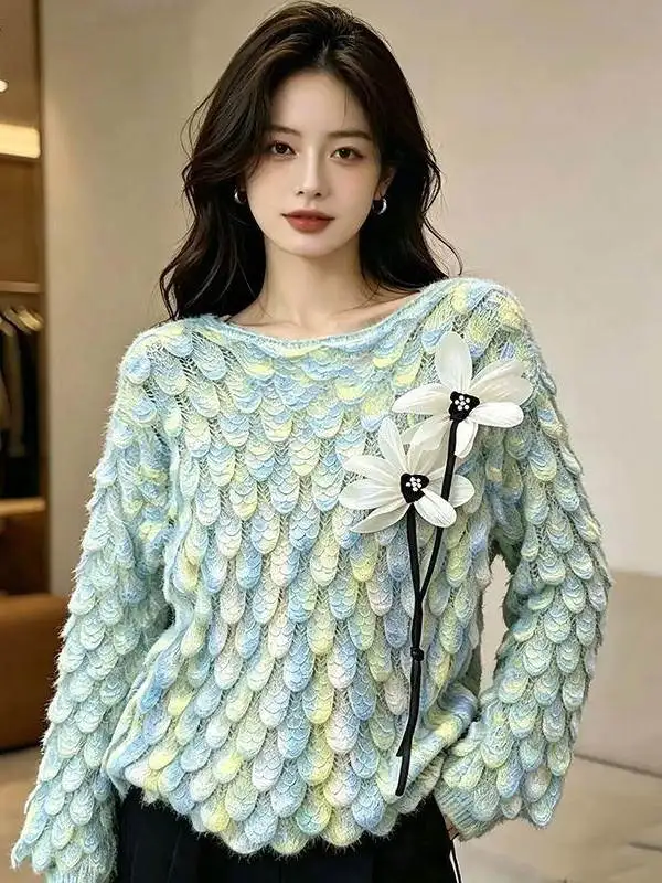 Ladies Gradient Knitted Sweater round Neck Pullover Loose Fashionable Autumn New Style Casual Comfortable Breathable Outerwear