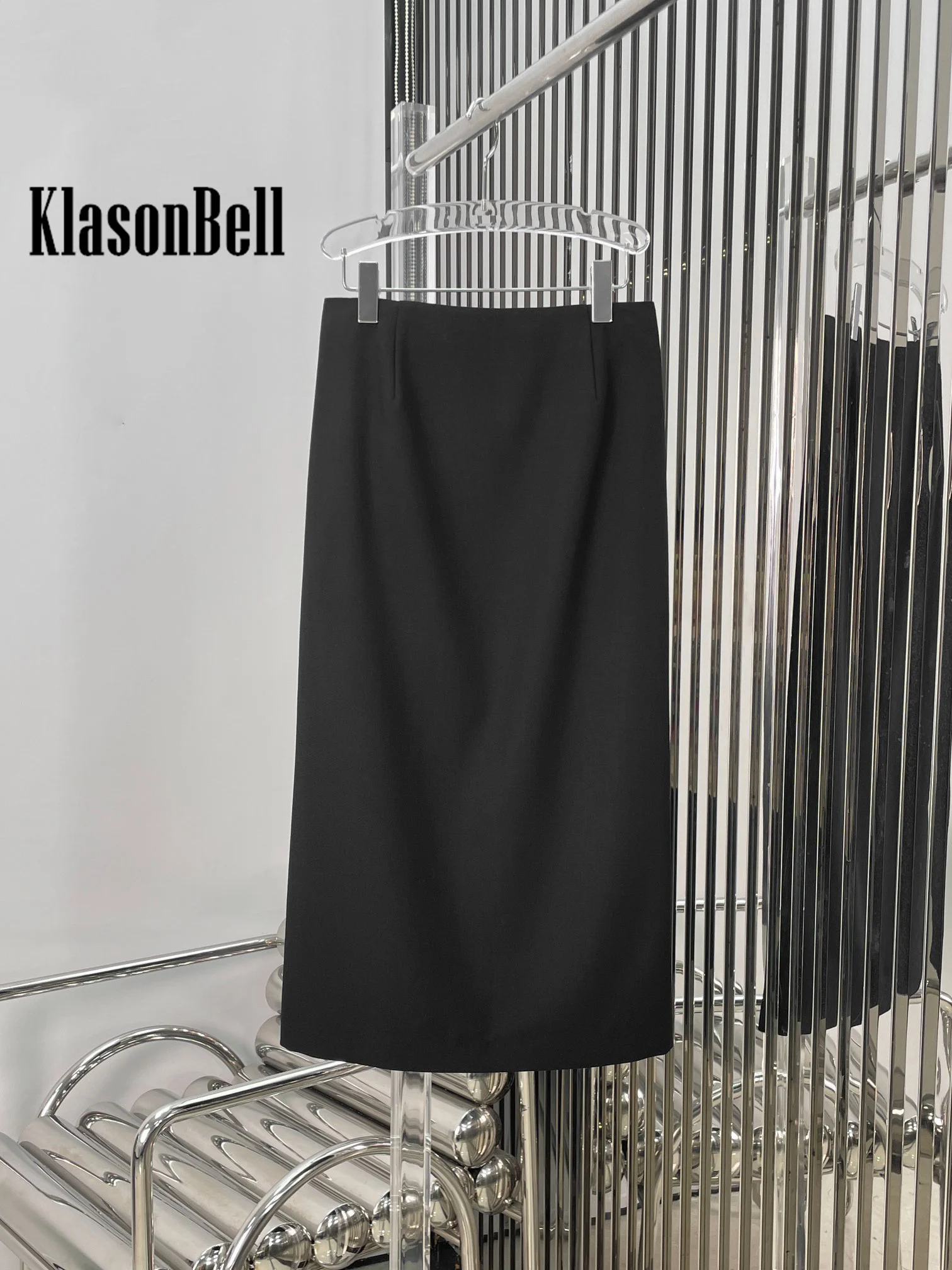 9.7 KlasonBell Women\'s 2024 Autumn New Wool Blend Black All-matches Long Skirt Elegant High Waist Split Straight Skirt