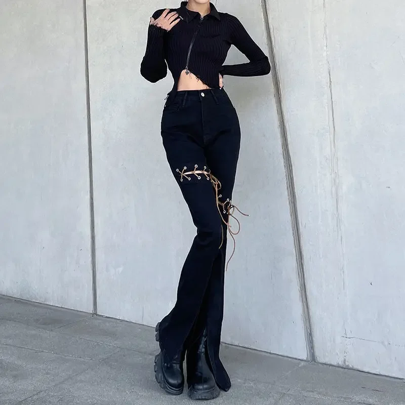 Black Womens Jeans with Slits High Waist Shot Flared Pants for Women Bell Bottom Flare Trousers Vibrant 2024 Korean Style Medium