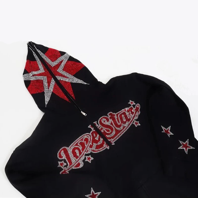 

Y2K clothing unisex men's sports shirt full zipper hoodie hip-hop Rhinestone Star Alphabet hooded jacket large hooded shirt wome