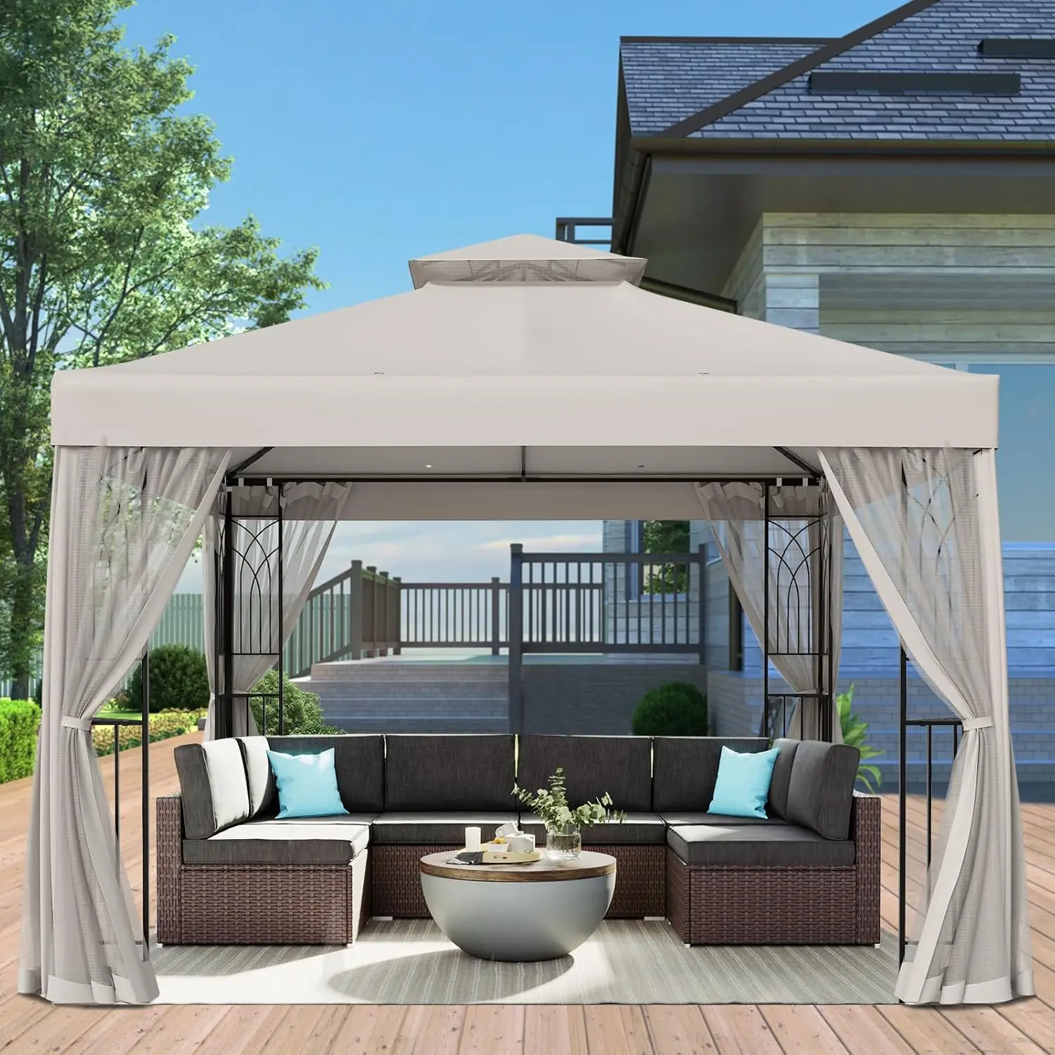 

10x10 Patio Gazebo with Mesh Netting Double Roof Outdoor Pavilion with Corner Shelves for Lawn Deck Garden and Backyard Beige