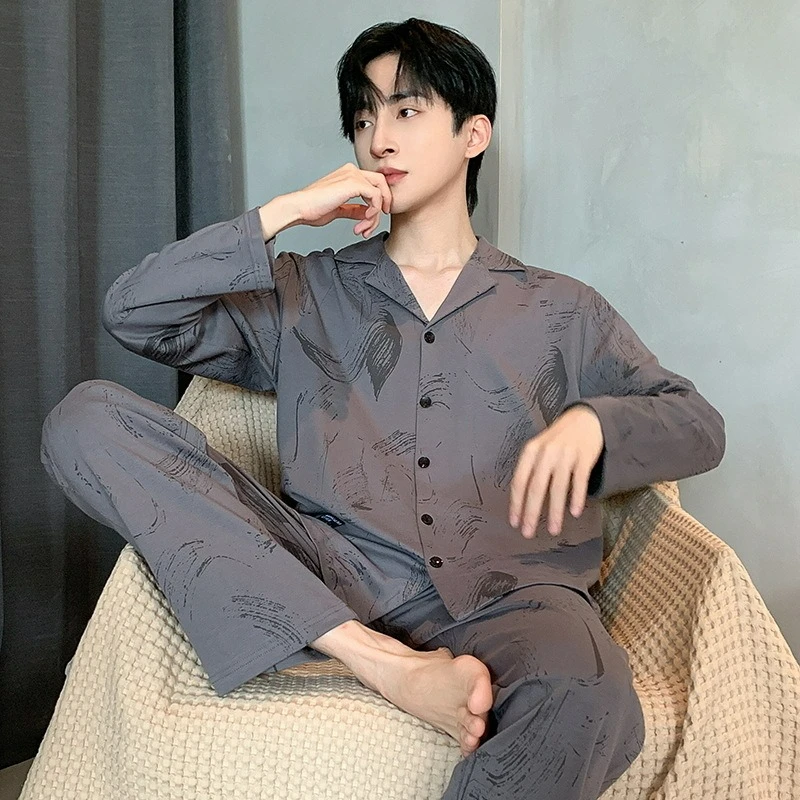 High-end Pajamas Men's Spring Autumn Cardigan Long-sleeved Trousers Large Size Can Be Worn Outside Casual Youth Loungewear Suit