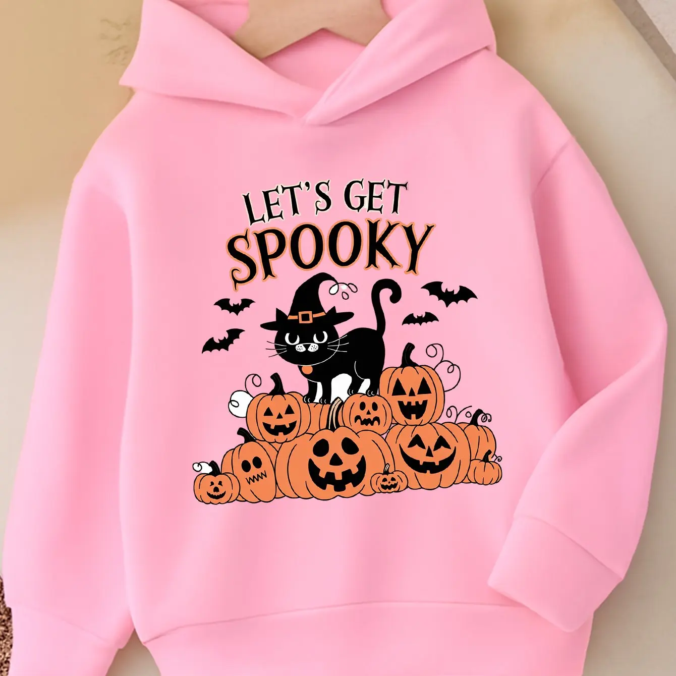 Red hooded sweatshirt for girls Halloween-themed sweaterwith blackcat bat and pumpkin lantern print,perfect for fall and winter.