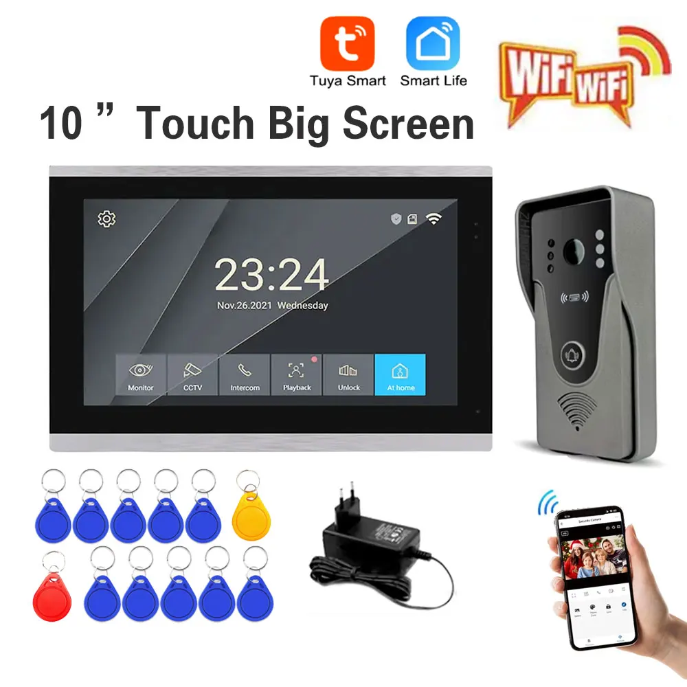 Tuya 1080P 10 inch kleurenaanraakscherm Draadloze WiFi-videodeurbel Smart APP Home Intercom Kit voor RFID-toegangscontrolesysteem