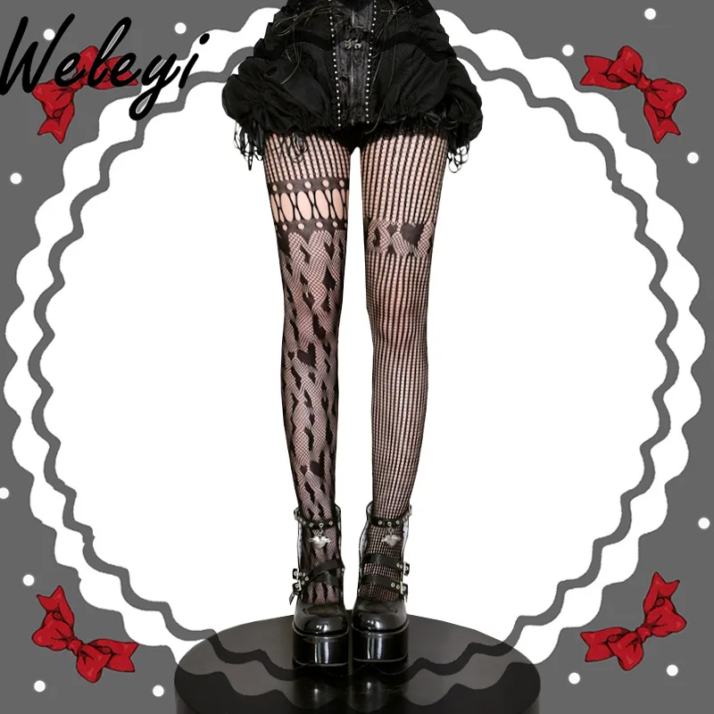 Sweet Cool Girl Asymmetrical Fishnet Socks LoJirai Kei Tights Lolita Love Lace Hollow Pantyhose Personalized Bottom Stockings