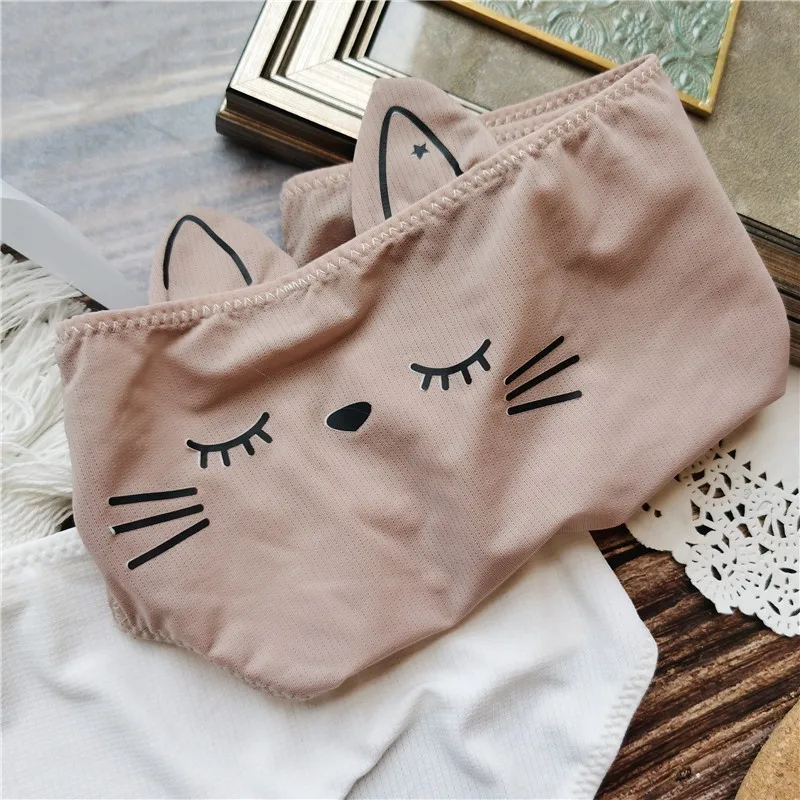 Cute Cartoon Printed Ears Cat Ice Silk Breathable Fresh Sexy Women Underwear Student Lori Sexy Lingerie Cotton Lingerie Panties