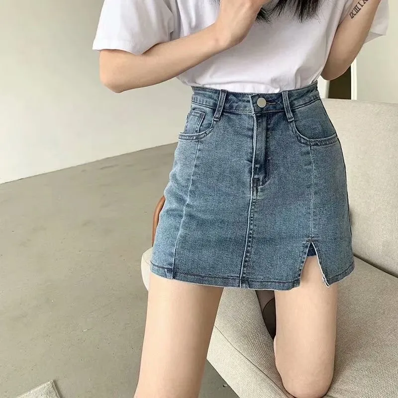 Denim Mini Skirt For Women High Waisted Jean Shorts With Side Slit Summer Casual Button Stretchy Skorts Y2k Girls Streetwear