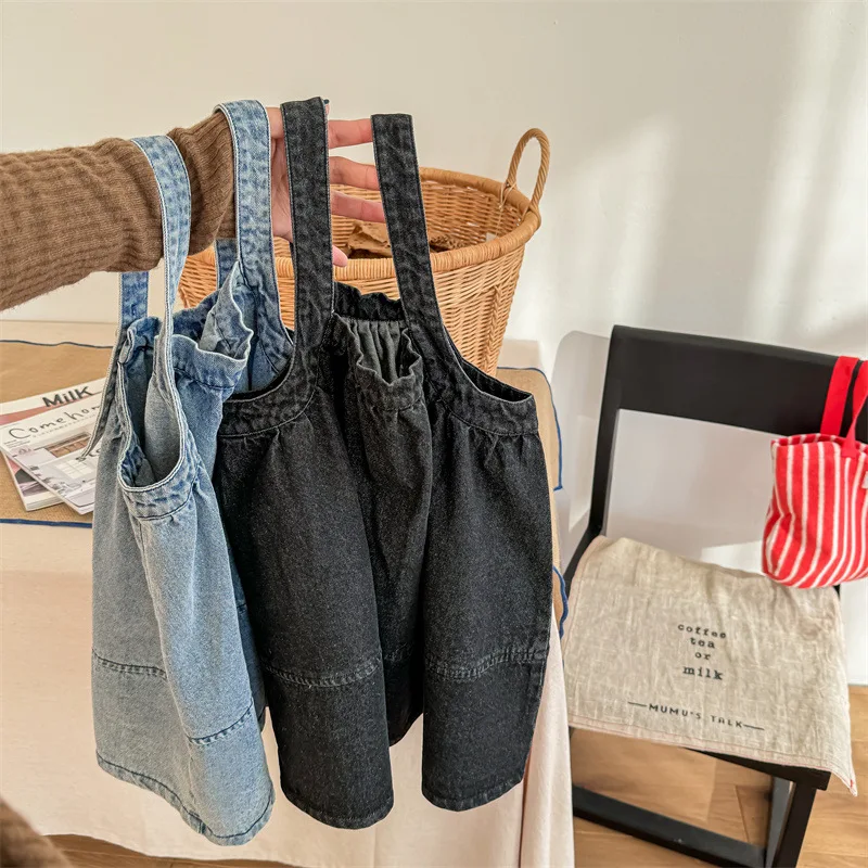 

2025 Fall Little Girl Skirt Sleeveless Children Denim Dress Summer Kids Blue Black Casual Strap Dresses 1 2 3 4 5 6 7 8 Years