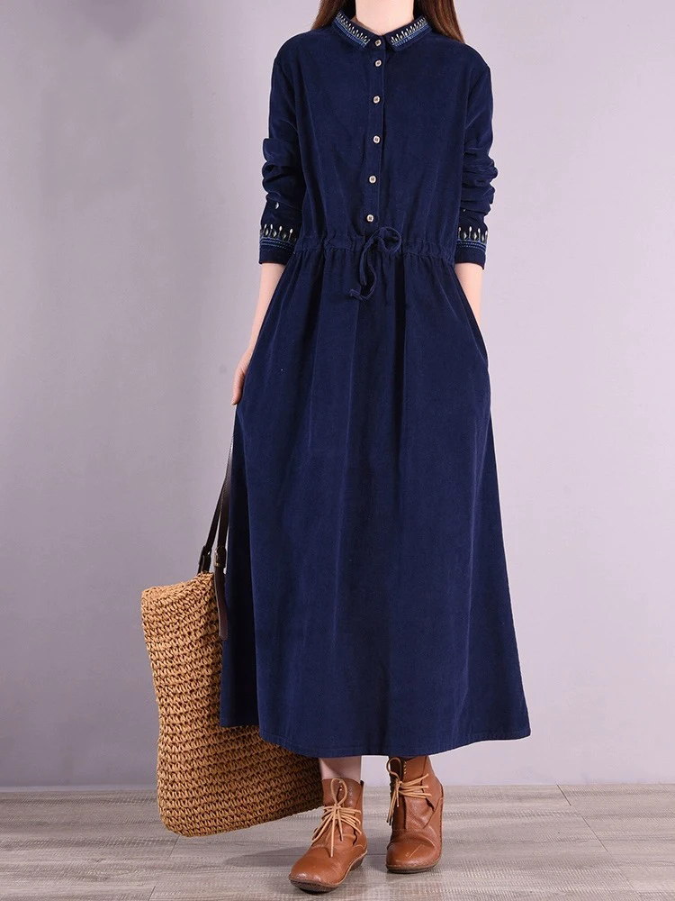 

Retro Embroidered Corduroy Long Sve Dr Women's Autumn Winter Slimming Stripe irt Midi Dr A-Line Silhouette