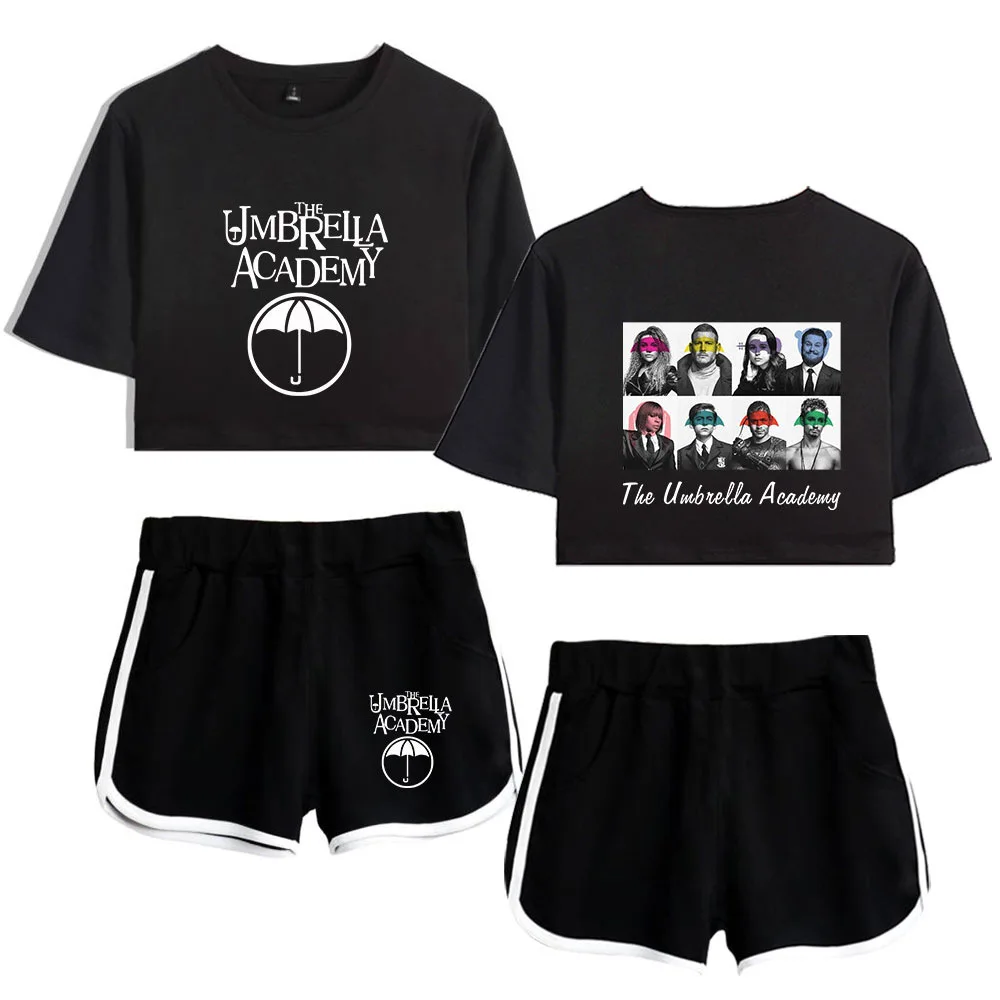 Cartoon Cute The Umbrella Academy Print Short Sleeve Cool Sexy Shorts+lovely T-shirts Dew navel Pretty Girl suits Two Piece Set