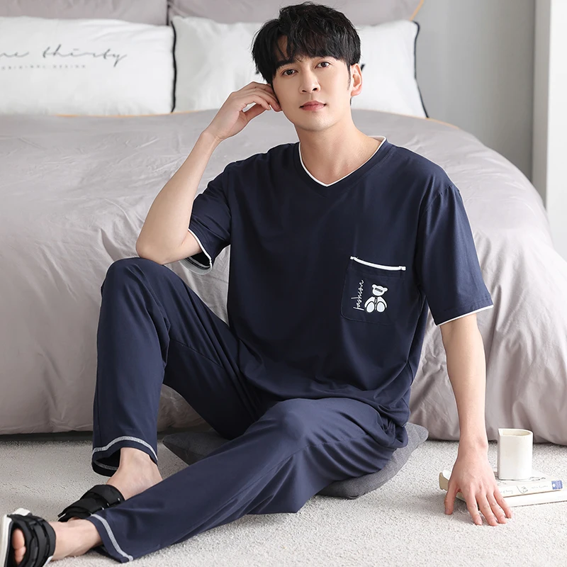 Summer M-4XL Modal Men Pajama Set Short Sleeve Pijama Sleepwear Short Tops+Long Pants 2Pcs Set