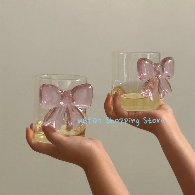 Pink Big Bow Glass Heat-resistant Coffee Cup Home Cute Cold Drink Ice Cream Cup Light Luxury Simple Glass Tableware Mug Gift