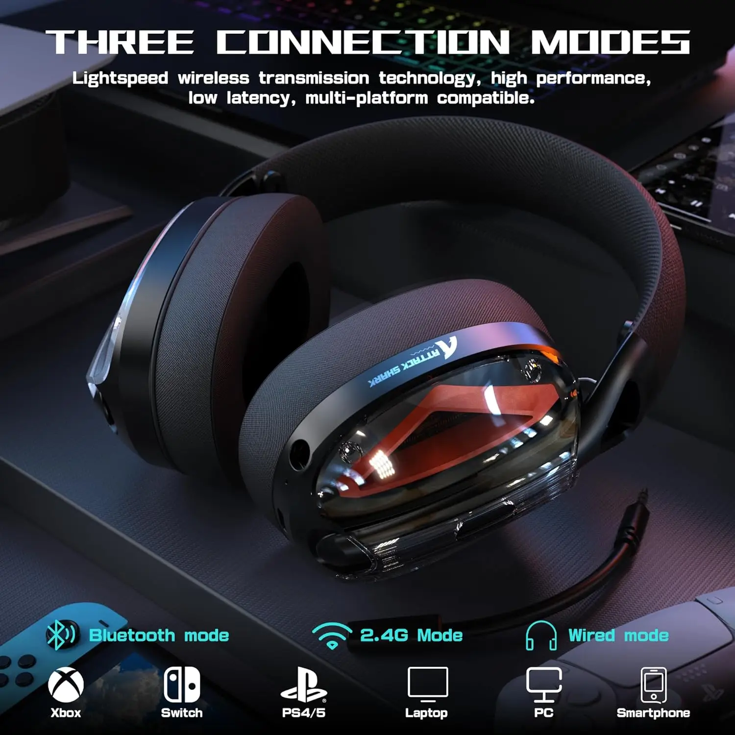 MAMBASNAKE x ATTACK SHARK L60 Lightweight Wireless Gaming Headset Over-Ear,Wired/BT/2.4GTri-Mode