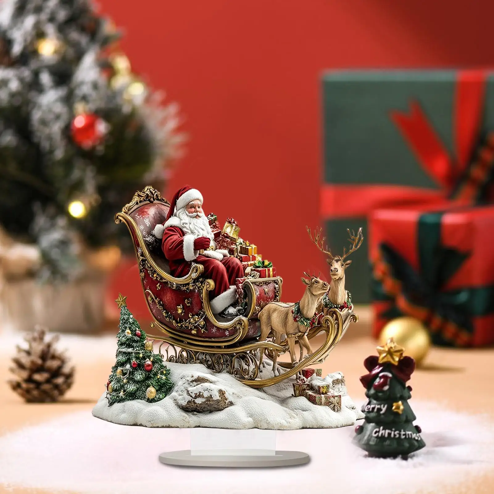 Centros de mesa navideños para mesas, letrero de decoración navideña 2D con soporte, adorno acrílico de árbol de trineo de Papá Noel y alce para el lugar de trabajo