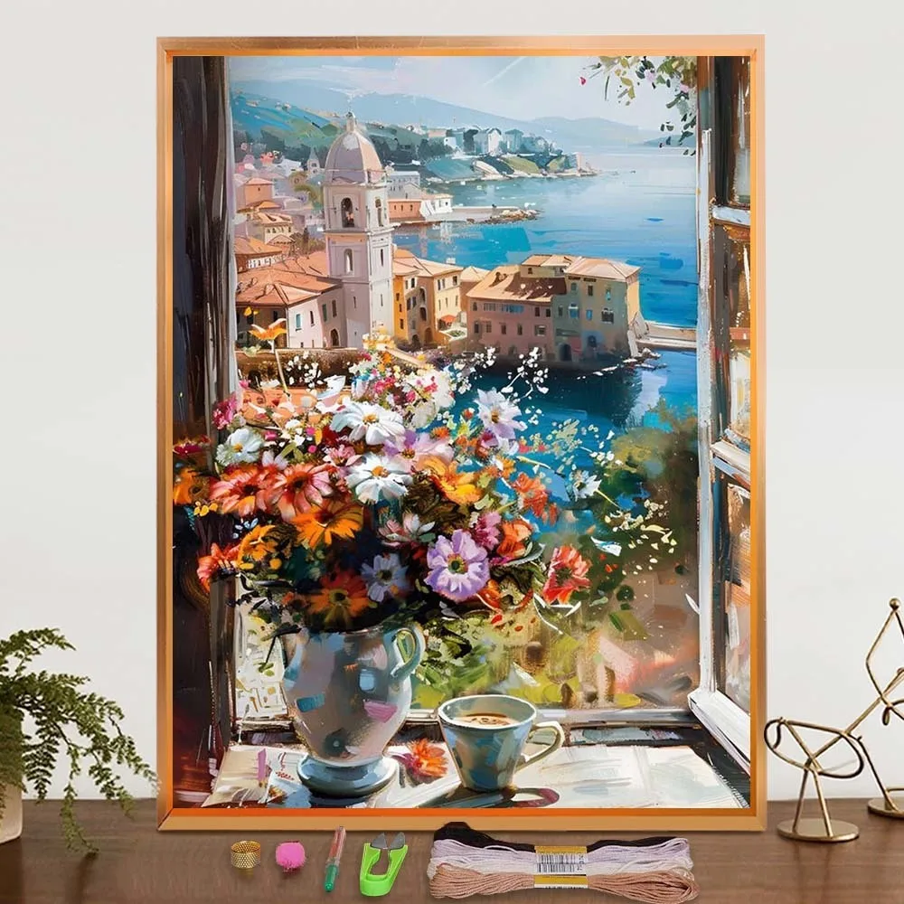 

DIY Embroidery Kit With Window Flower Full Pattern Canvas Sewing Needlework Kits Scenery Crafts Cotton Thread Kit For Beginners