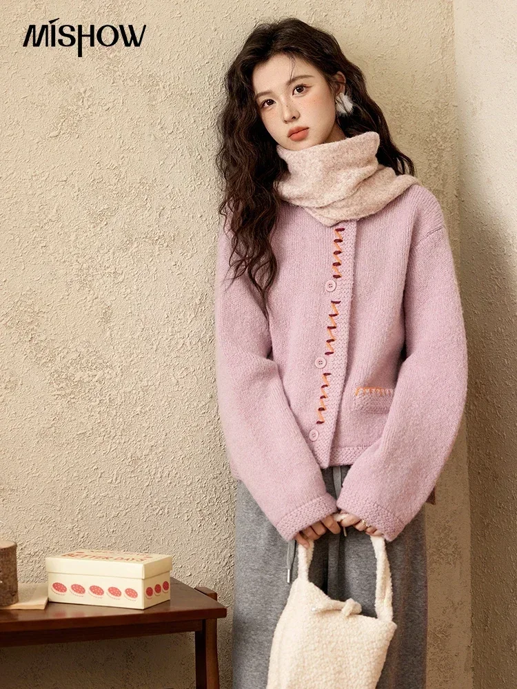 MISHOW Solid Color Cardigan Sweater Women's 2025 Autumn Winter New Loose Casual Round Neck Knitted Cardigan Coat MXD112Z1007