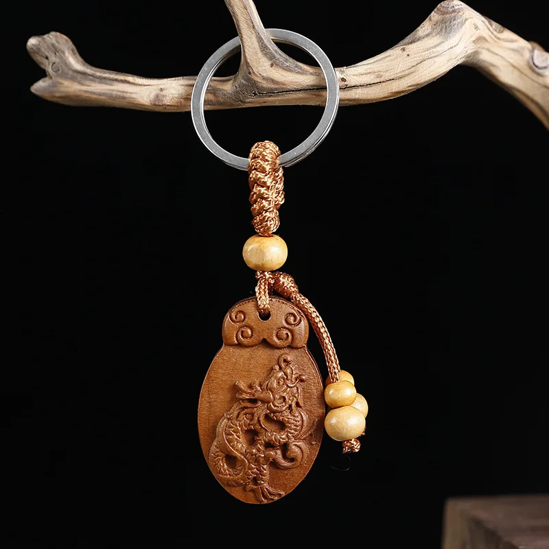 Single Sided Carved Peach Wood Keychain Twelve Zodiac Transportation Pendant Night Market Small Gift Wooden Pendant