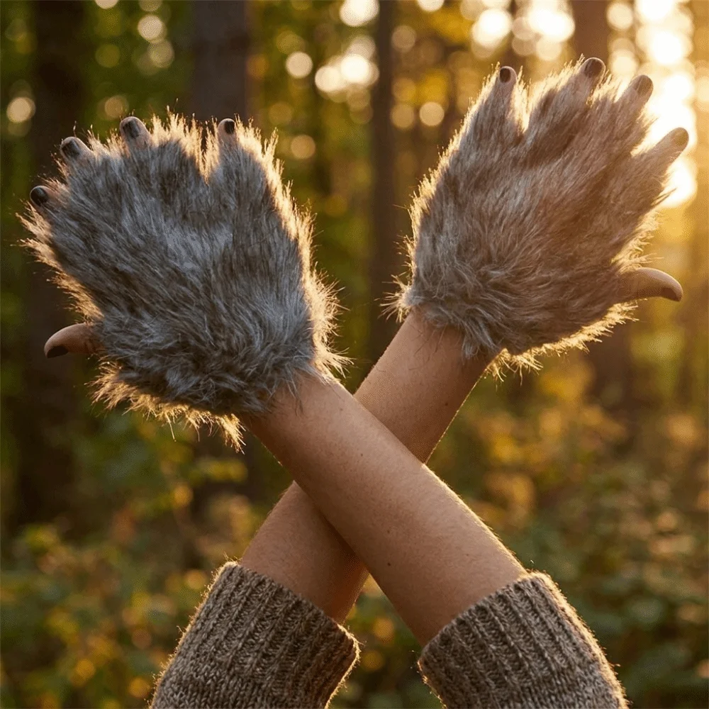 Material Werewolf Paw Mitten Hairy Fluffy Texture Halloween Costume Gloves Lolita Gray Color Cosplay Wolf Claws