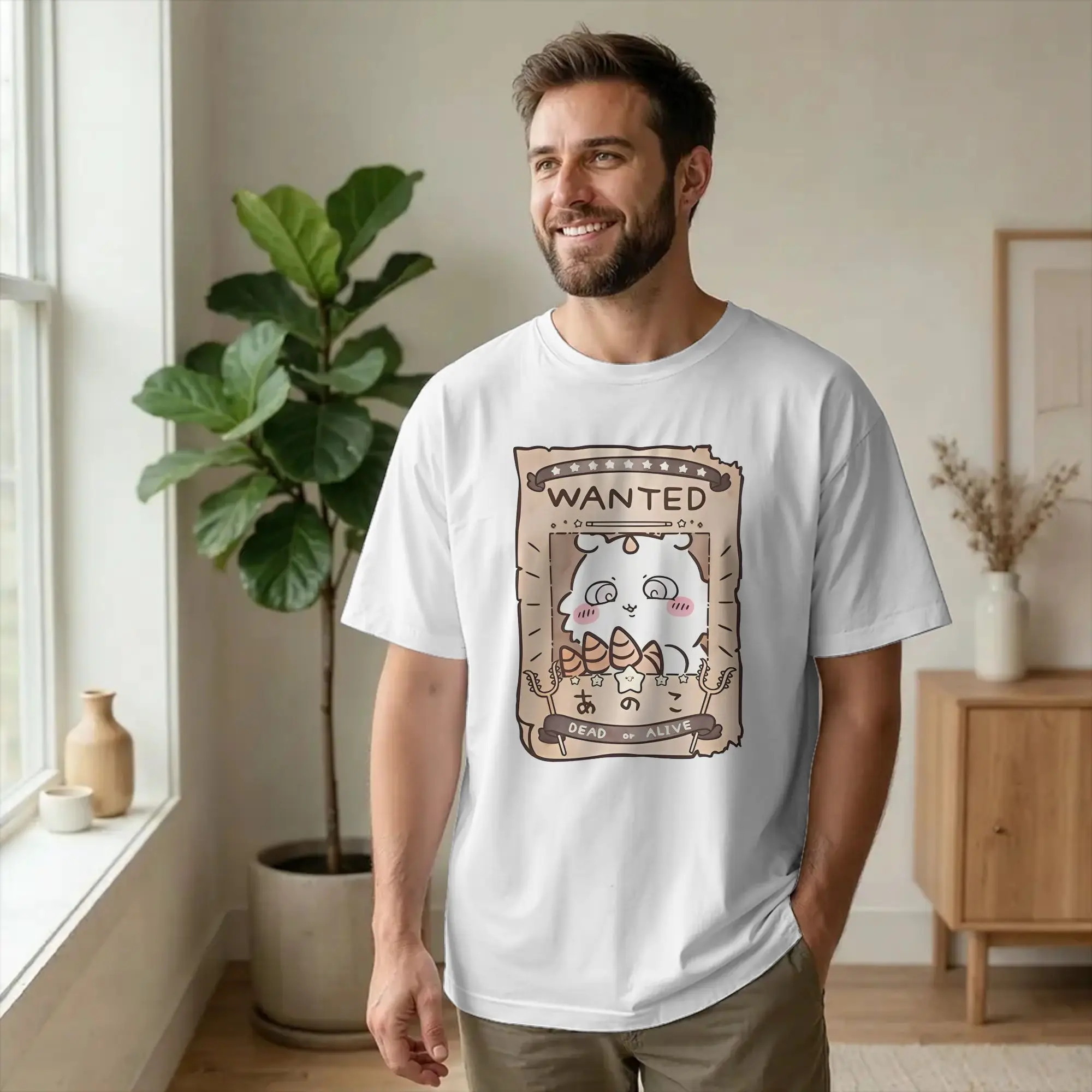 WANTED Anoko in Chiikawas Tshirts Men's Cotton Tops Vintage  Round Neck Short Sleeve