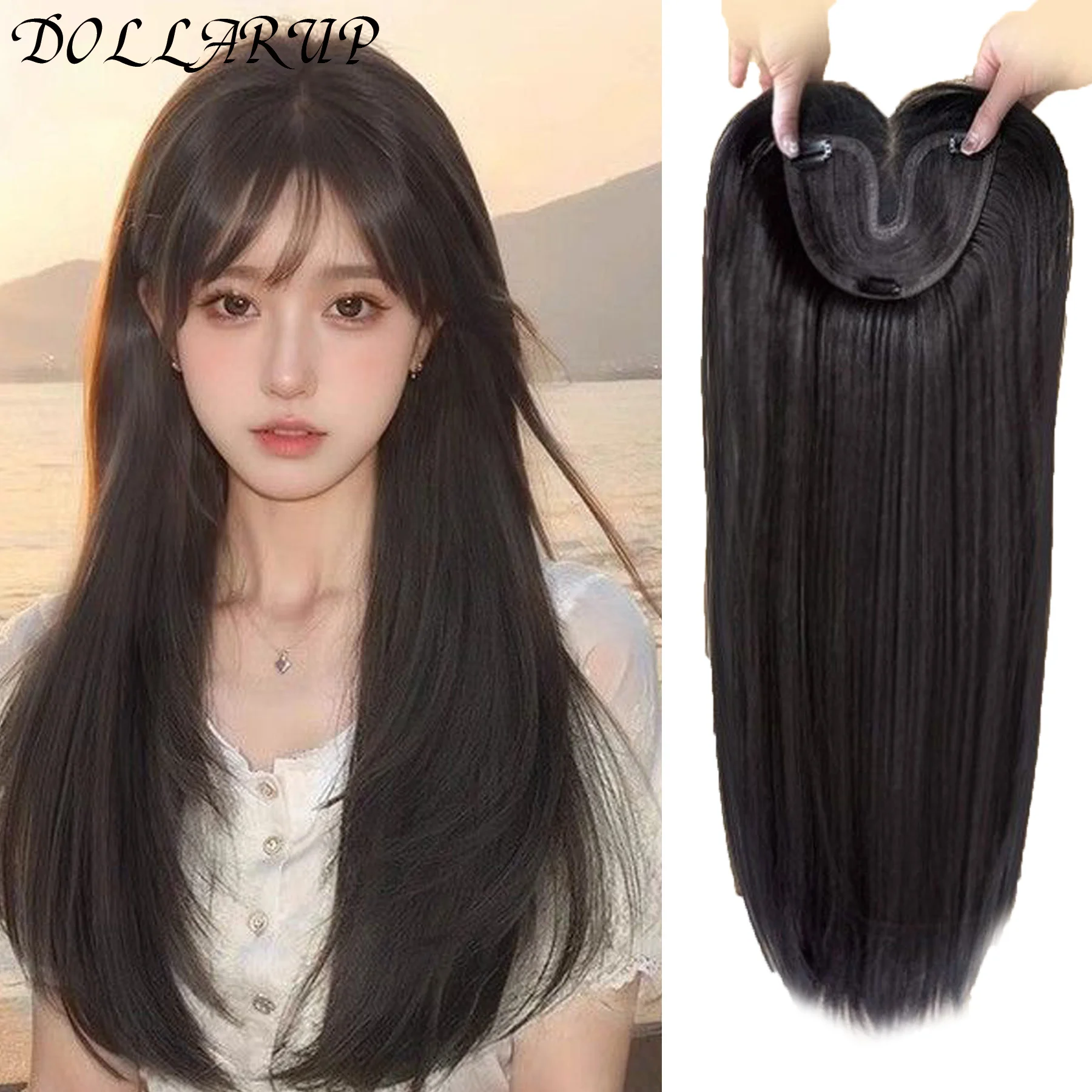 DOLL Hair Toppers for Women 21.5'' Striaght Topper Hair with Bangs for Thinning Hair Synthetic Hairpieces Bangs Hair Extension