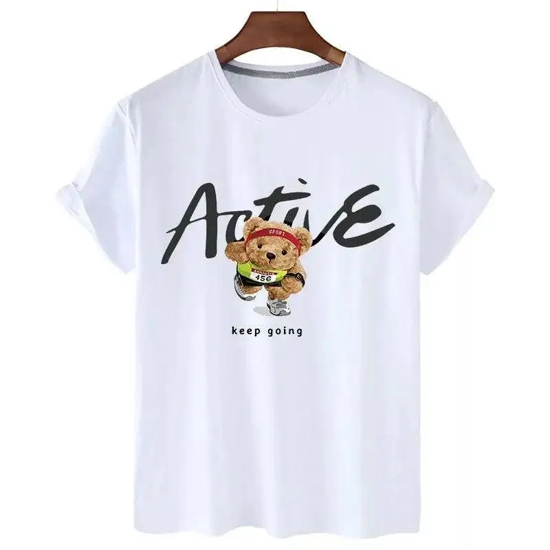 

White Tshirt Active Bear Sports Headband Running Outfit 456 Number Keep Going Text Cotton Casual Top Motivational Design