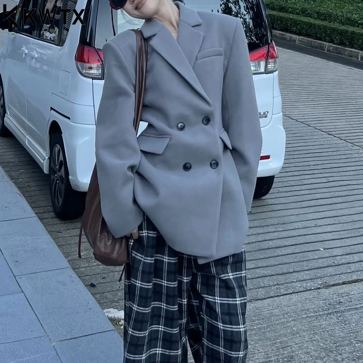 

KWTX 2025 женский твидовый пиджак, двубортный, с лацканами, на талии, миди, однотонный, осенне-зимний, элегантный, высокое качество