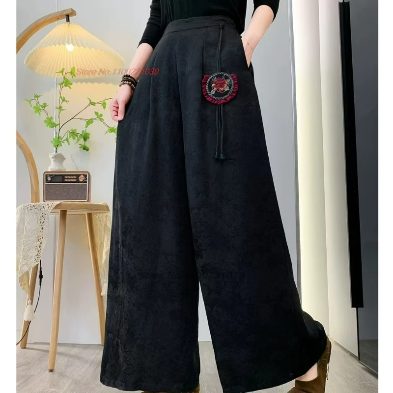 2025 chinese vintage folk pants traditional jacquard ethnic trousers national flower embroidery elastic waist wide leg trousers