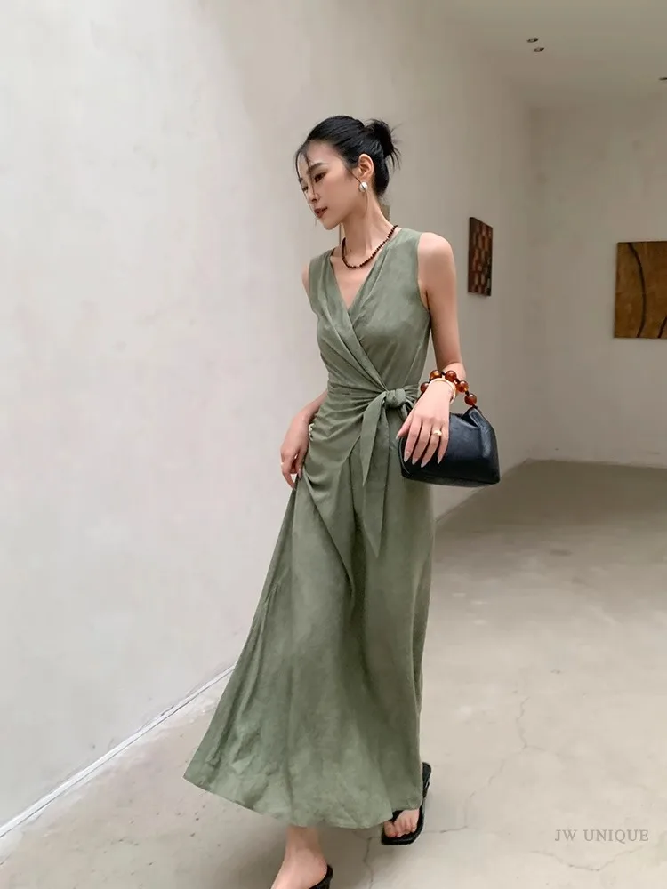 Vestido com decote em v feminino, sem mangas, slim fit, saia longa, gola enrolada, sobreposição, design verde, verão, novo, 2022