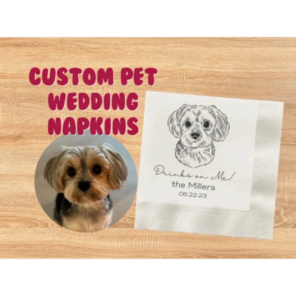 50 Custom Sketched Pet Portrait Napkins-Drinks on Me Illustrated Dog Cat Wedding Napkins,Custom Engagement Napkins,Pet Portrait